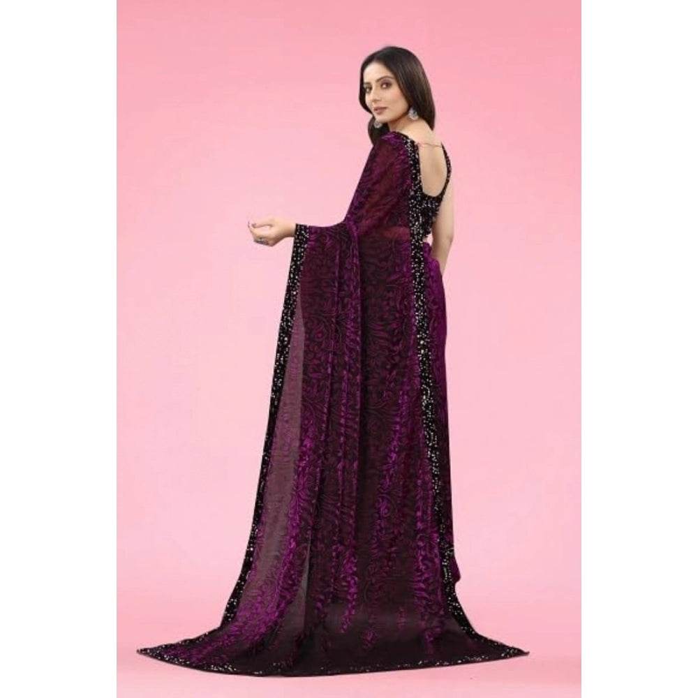 Generic Women's Lycra Floral Saree With Unstitched Blouse (Wine, 5.5 Mtr) - MYLUXURY LANE ENTERPRISE