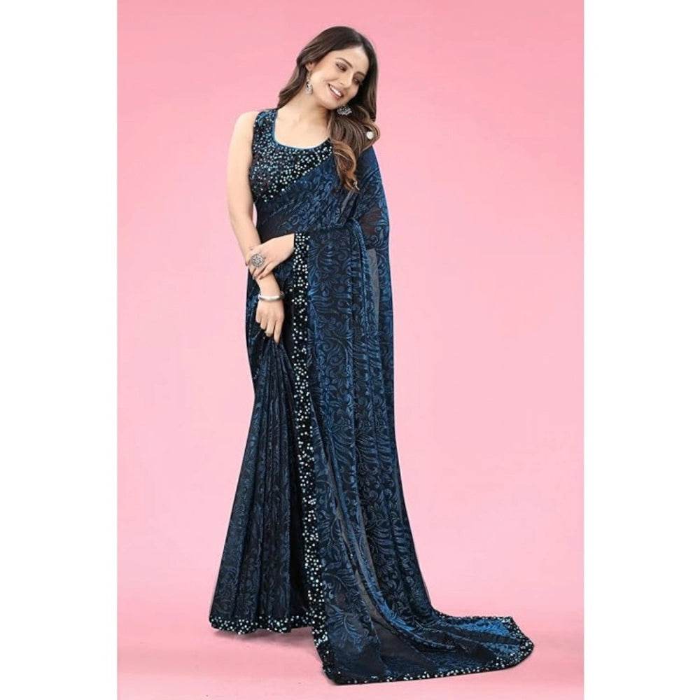 Generic Women's Lycra Floral Saree With Unstitched Blouse (Blue, 5.5 Mtr) - MYLUXURY LANE ENTERPRISE