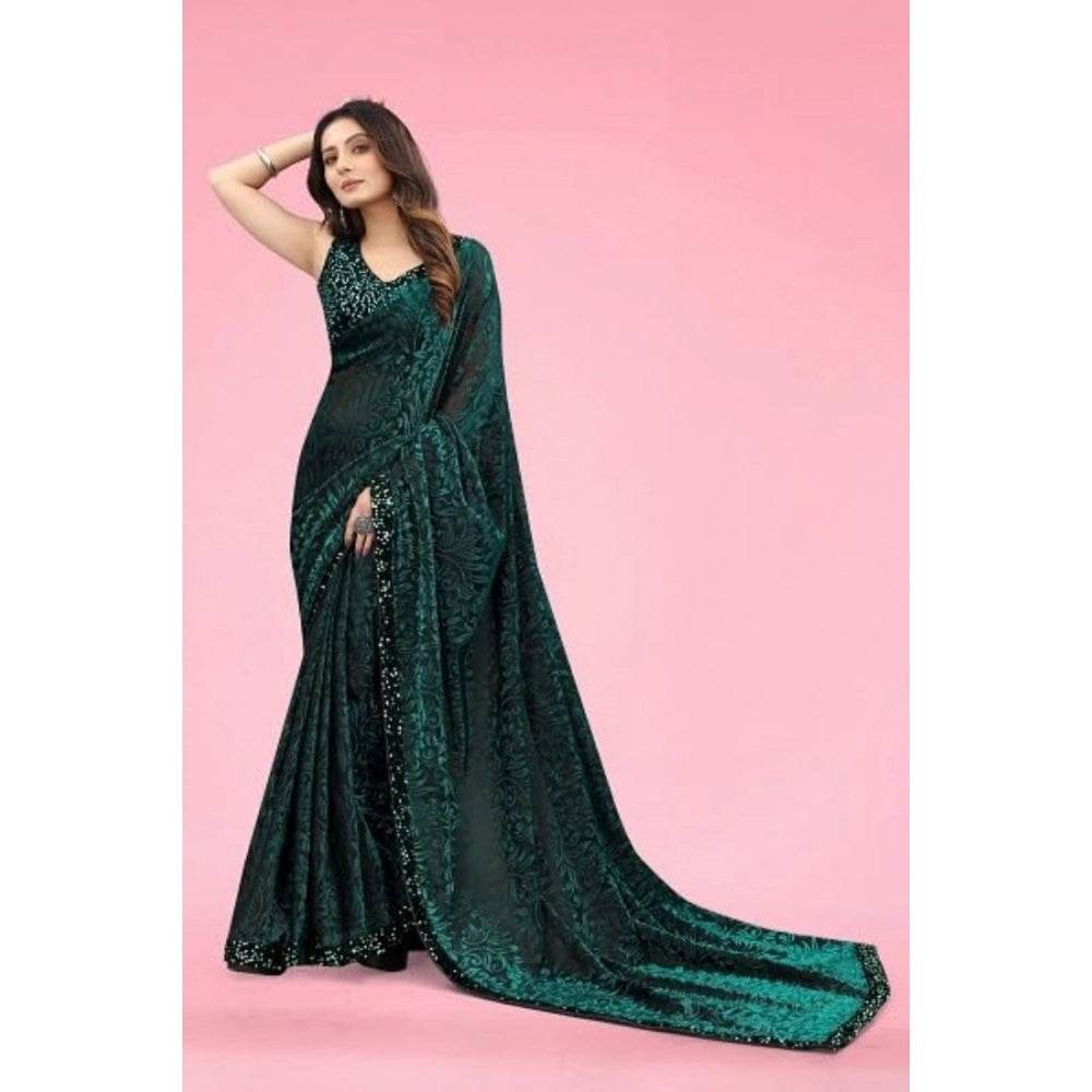 Generic Women's Lycra Floral Saree With Unstitched Blouse (Green, 5.5 Mtr) - MYLUXURY LANE ENTERPRISE