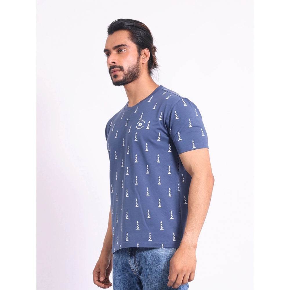 Generic Men's Casual Cotton Printed Round Neck Half Sleeve T-Shirt (Blue) - MYLUXURY LANE ENTERPRISE