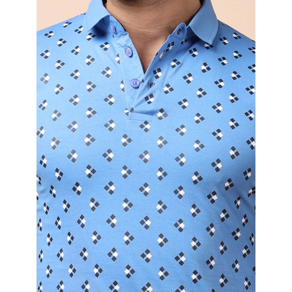 Generic Men's Casual Cotton Printed Polo Neck Half Sleeve T-Shirt (Blue) - MYLUXURY LANE ENTERPRISE