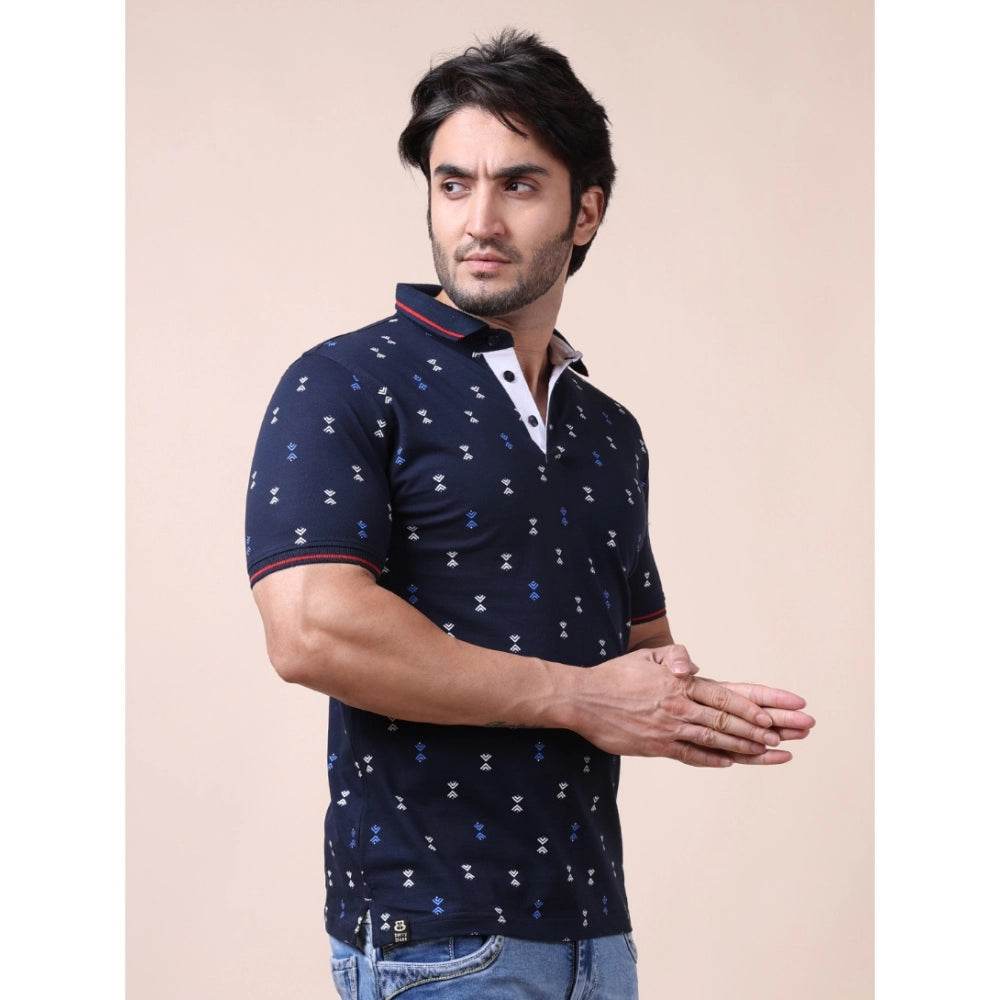 Generic Men's Casual Cotton Printed Polo Neck Half Sleeve T-Shirt (Navy) - MYLUXURY LANE ENTERPRISE