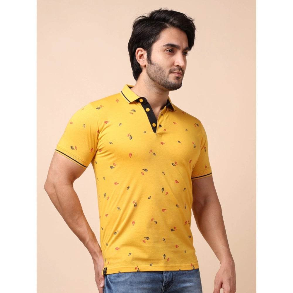 Generic Men's Casual Cotton Printed Polo Neck Half Sleeve T-Shirt (Mustard) - MYLUXURY LANE ENTERPRISE