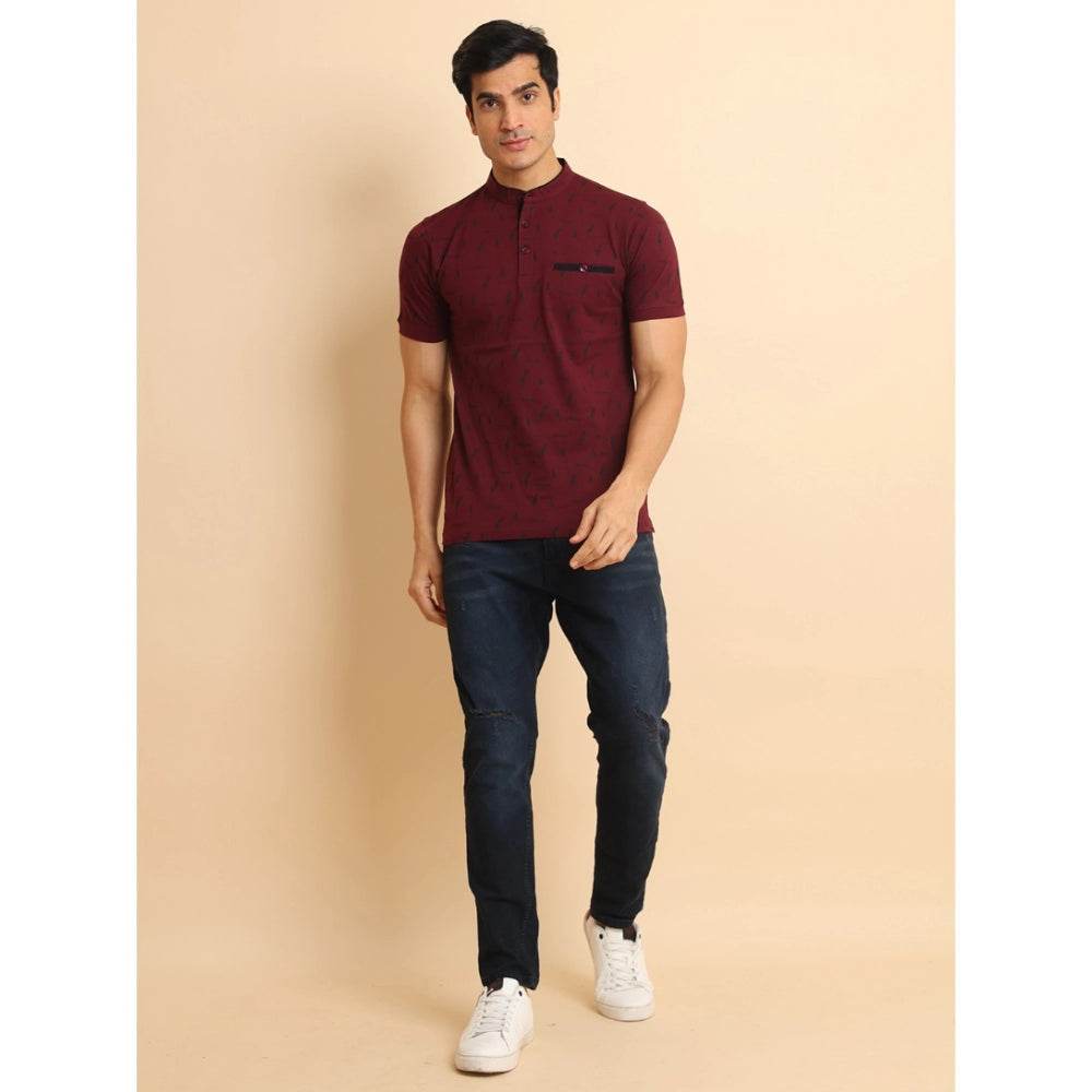 Generic Men's Casual Cotton Printed Mandarin Collar Half Sleeve T-Shirt (Plum) - MYLUXURY LANE ENTERPRISE