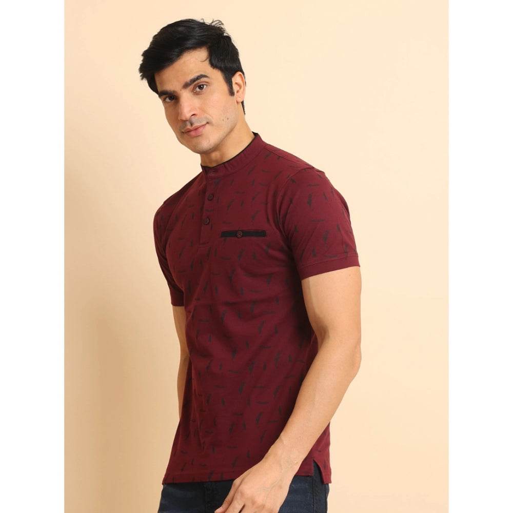 Generic Men's Casual Cotton Printed Mandarin Collar Half Sleeve T-Shirt (Plum) - MYLUXURY LANE ENTERPRISE