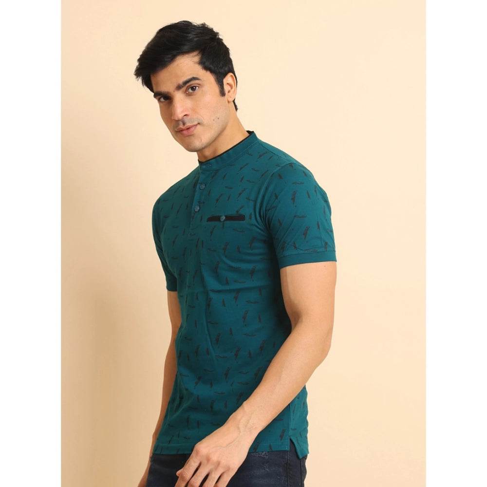 Generic Men's Casual Cotton Printed Mandarin Collar Half Sleeve T-Shirt (Green) - MYLUXURY LANE ENTERPRISE