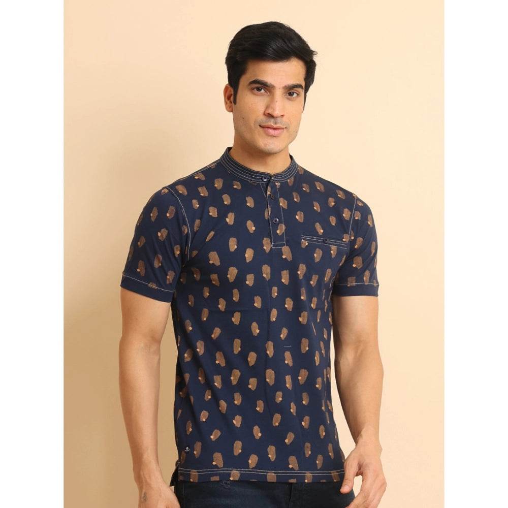 Generic Men's Casual Cotton Printed Mandarin Collar Half Sleeve T-Shirt (Navy) - MYLUXURY LANE ENTERPRISE