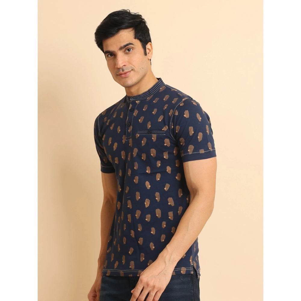 Generic Men's Casual Cotton Printed Mandarin Collar Half Sleeve T-Shirt (Navy) - MYLUXURY LANE ENTERPRISE