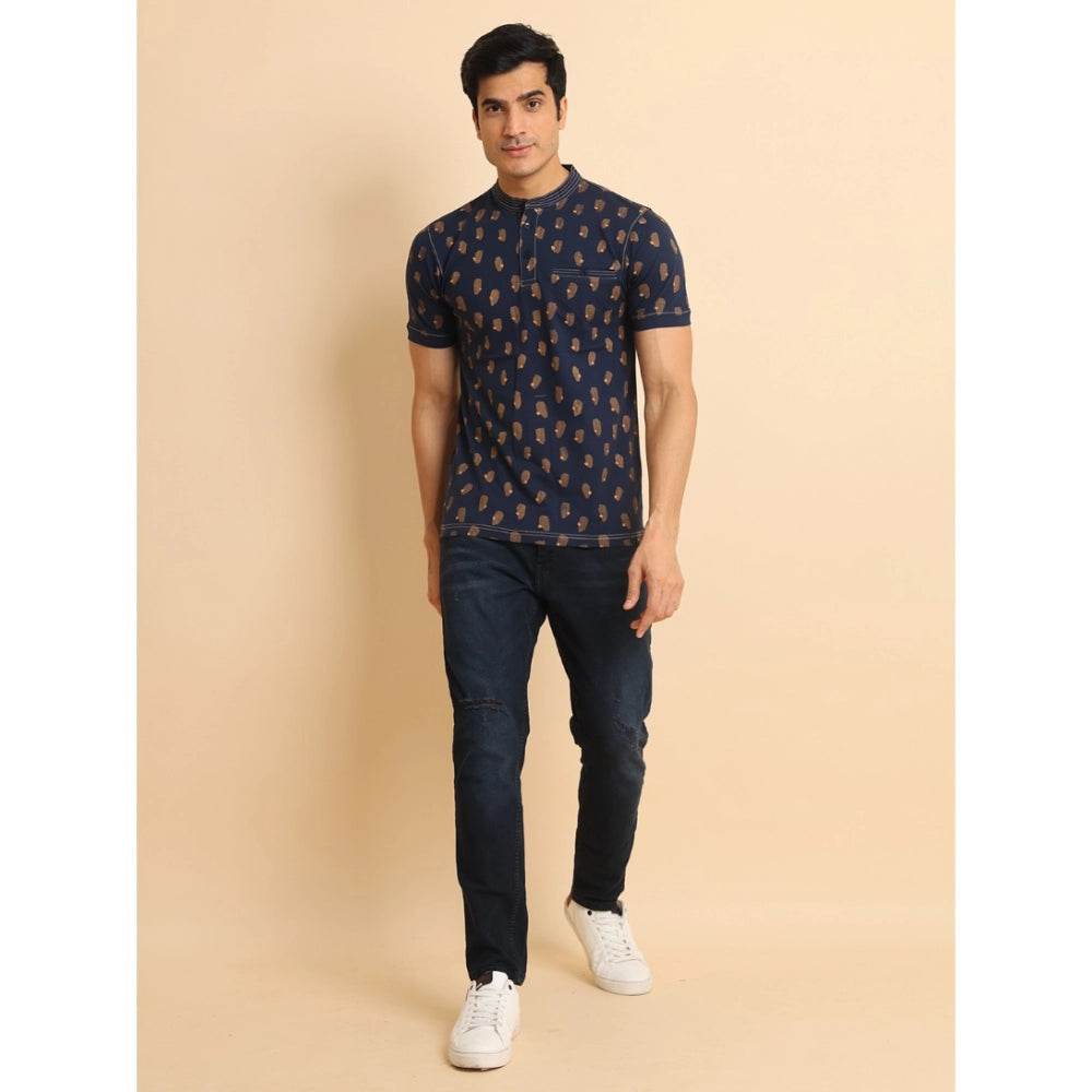 Generic Men's Casual Cotton Printed Mandarin Collar Half Sleeve T-Shirt (Navy) - MYLUXURY LANE ENTERPRISE