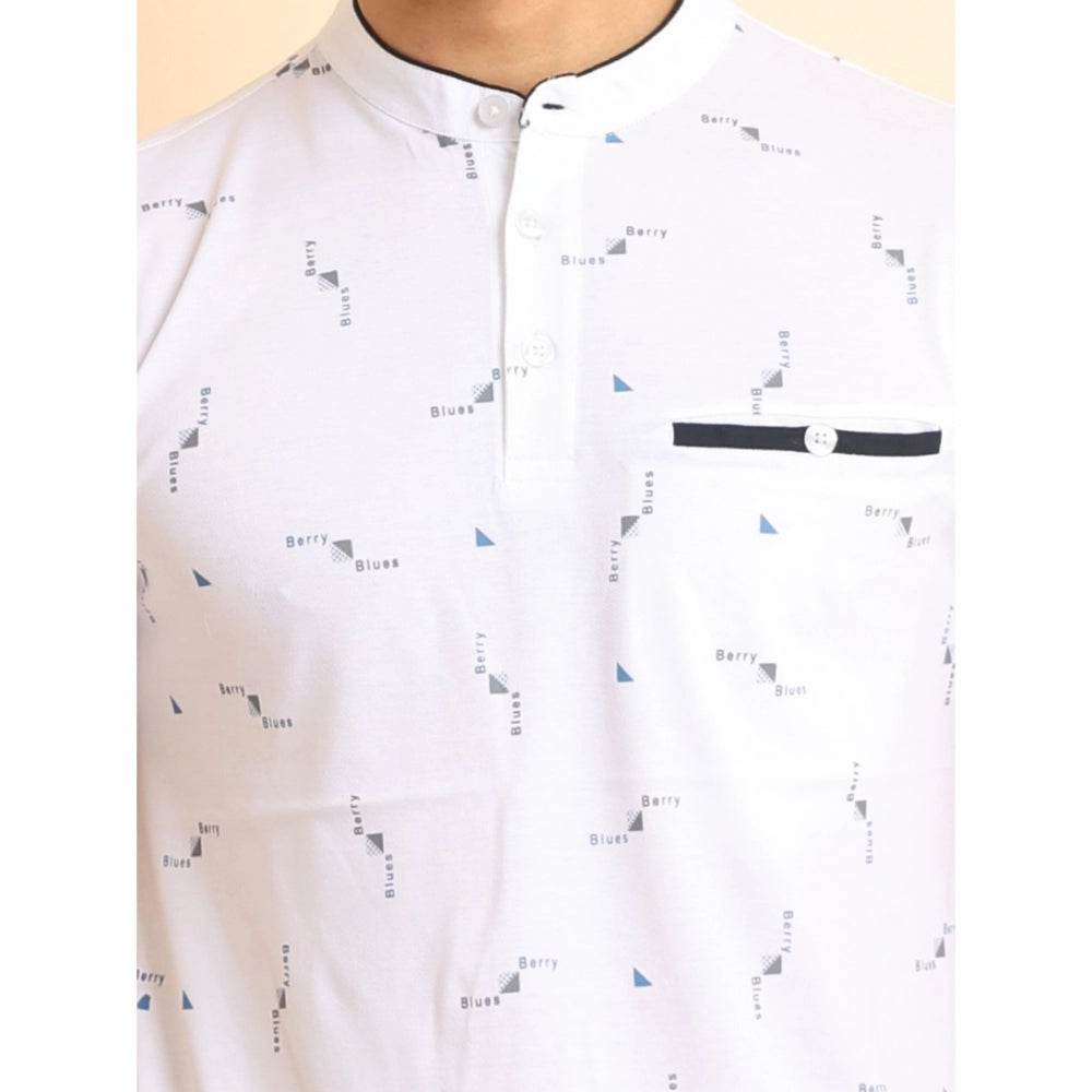 Generic Men's Casual Cotton Printed Mandarin Collar Half Sleeve T-Shirt (White) - MYLUXURY LANE ENTERPRISE