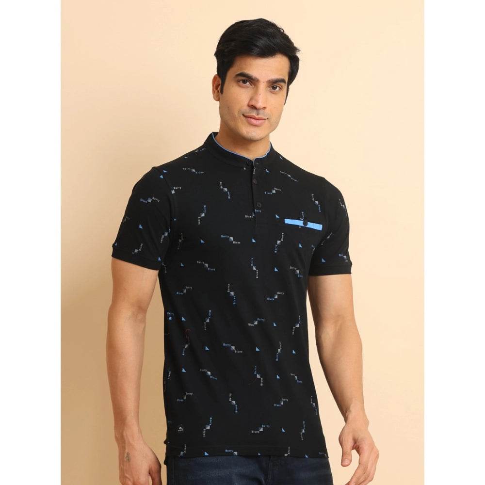 Generic Men's Casual Cotton Printed Mandarin Collar Half Sleeve T-Shirt (Navy) - MYLUXURY LANE ENTERPRISE