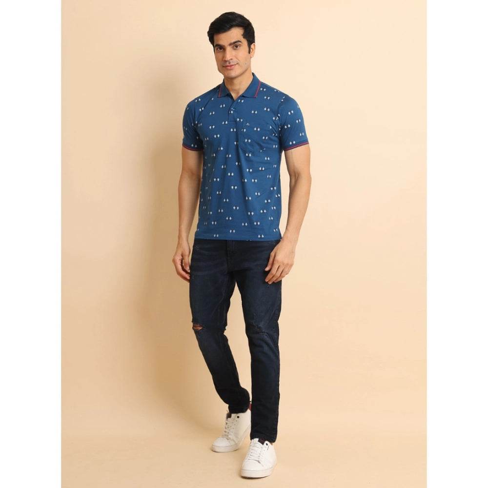 Generic Men's Casual Cotton Printed Polo Neck Half Sleeve T-Shirt (Blue) - MYLUXURY LANE ENTERPRISE