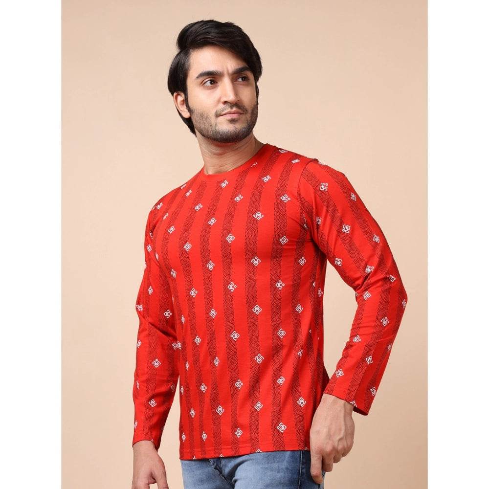 Generic Men's Casual Cotton Printed Round Neck Full Sleeve T-Shirt (Red) - MYLUXURY LANE ENTERPRISE
