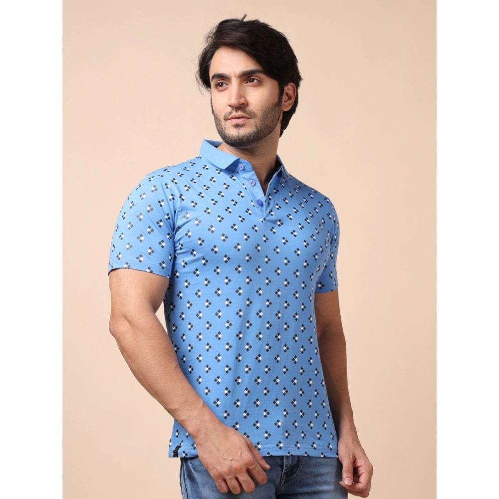 Generic Men's Casual Cotton Printed Polo Neck Half Sleeve T-Shirt (Blue) - MYLUXURY LANE ENTERPRISE