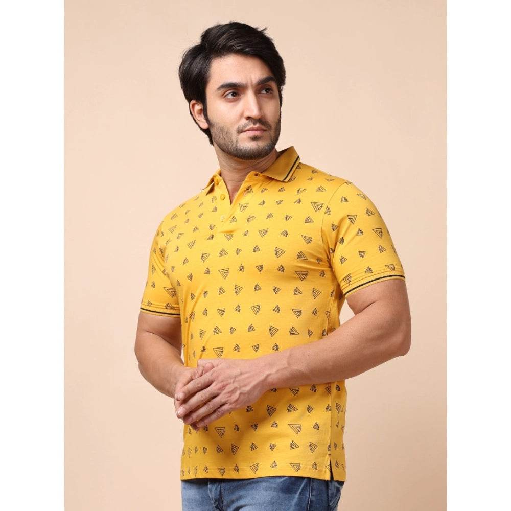 Generic Men's Casual Cotton Printed Polo Neck Half Sleeve T-Shirt (Mustard) - MYLUXURY LANE ENTERPRISE