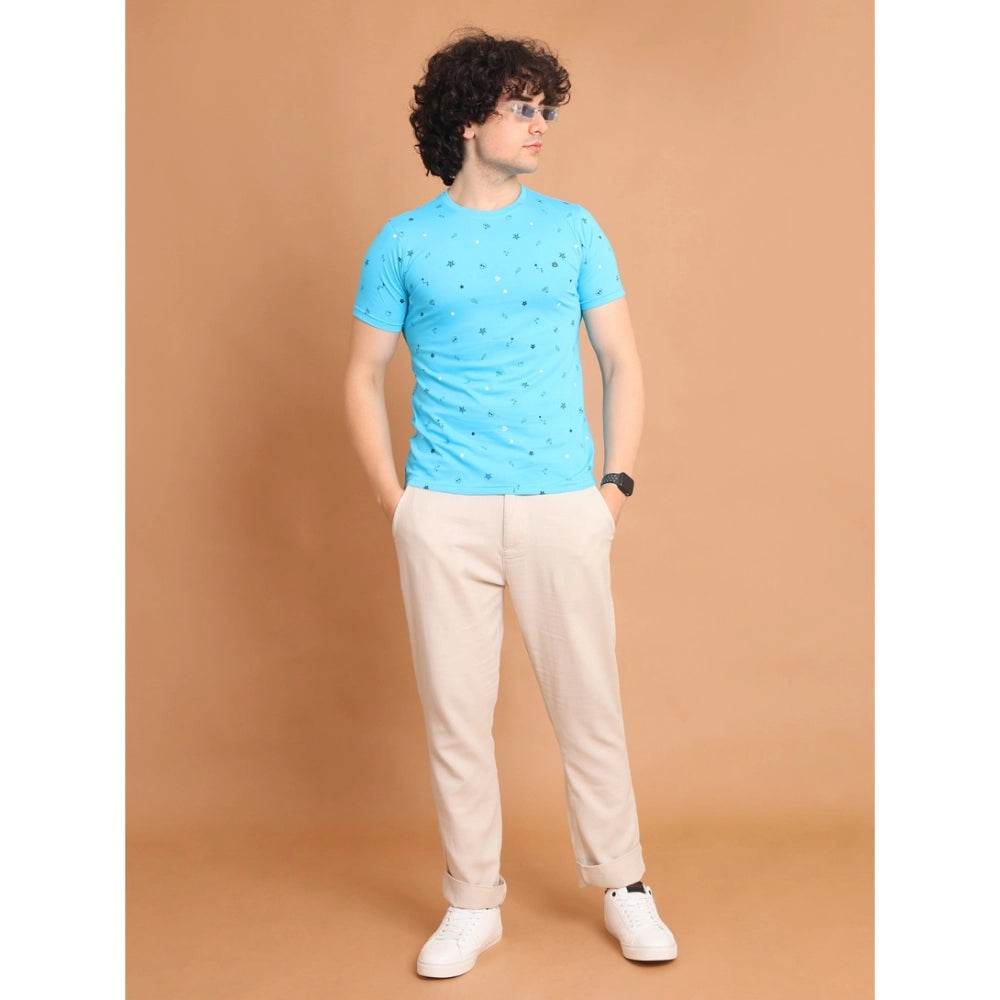 Generic Men's Casual Cotton Printed Round Neck Half Sleeve T-Shirt (Skyblue) - MYLUXURY LANE ENTERPRISE