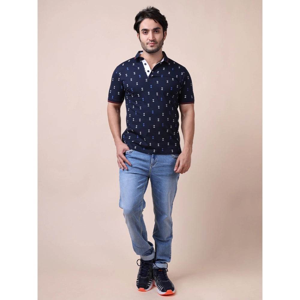 Generic Men's Casual Cotton Printed Polo Neck Half Sleeve T-Shirt (Navy) - MYLUXURY LANE ENTERPRISE