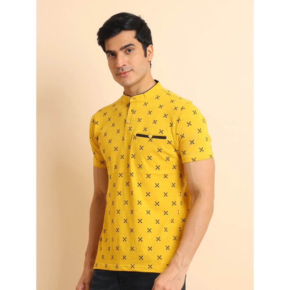 Generic Men's Casual Cotton Printed Mandarin Collar Half Sleeve T-Shirt (Mustard) - MYLUXURY LANE ENTERPRISE