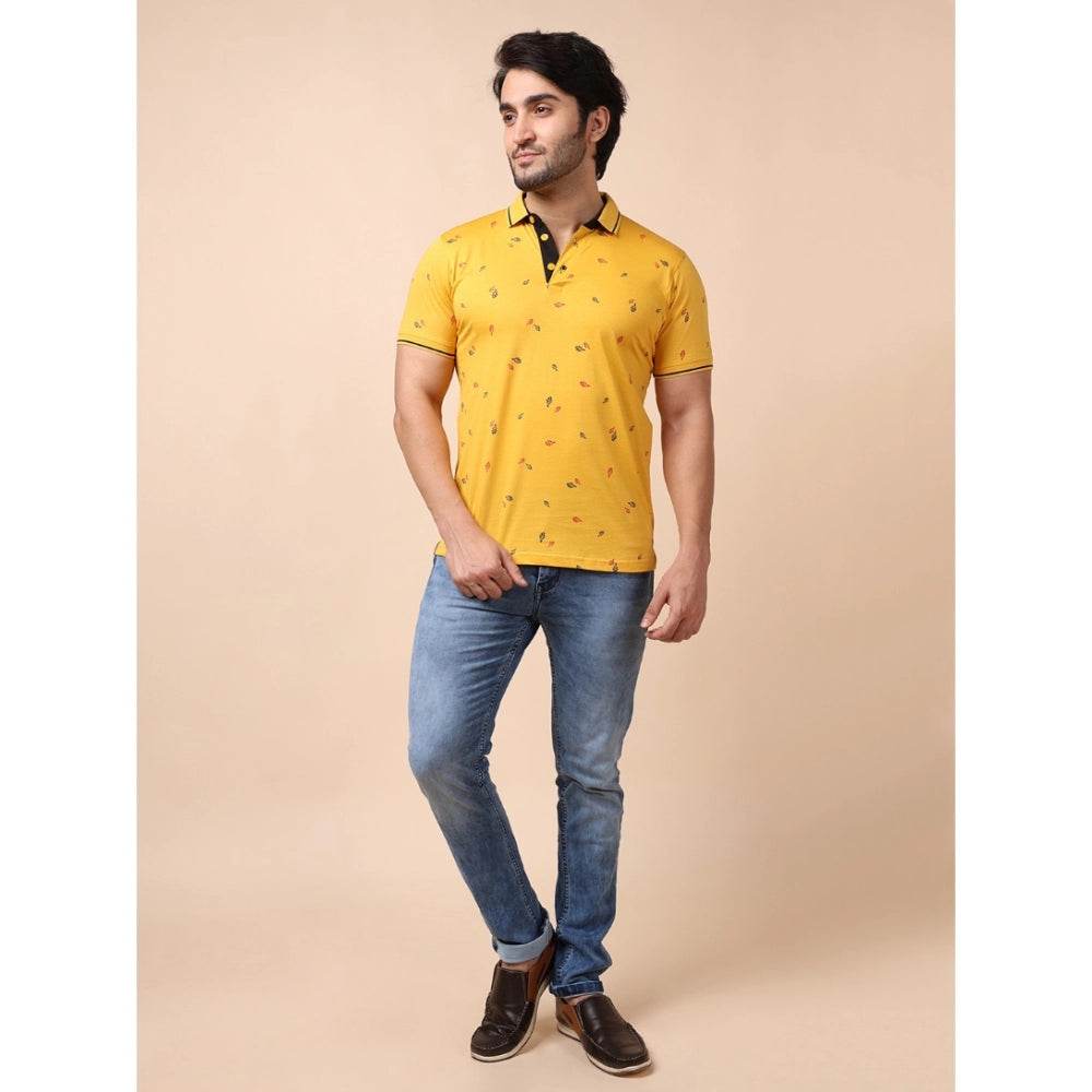 Generic Men's Casual Cotton Printed Polo Neck Half Sleeve T-Shirt (Mustard) - MYLUXURY LANE ENTERPRISE