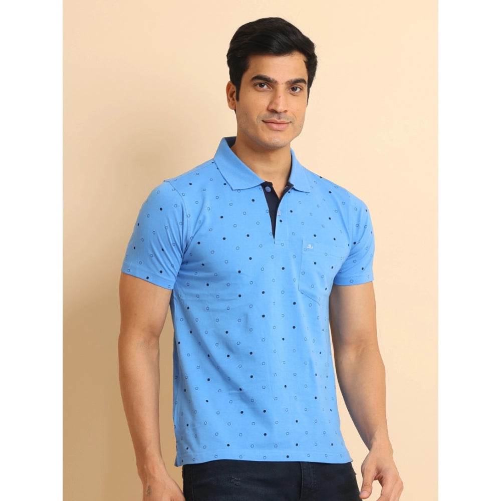 Generic Men's Casual Cotton Printed Polo Neck Half Sleeve T-Shirt (Blue) - MYLUXURY LANE ENTERPRISE