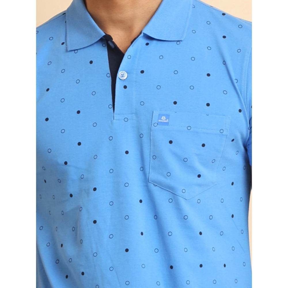 Generic Men's Casual Cotton Printed Polo Neck Half Sleeve T-Shirt (Blue) - MYLUXURY LANE ENTERPRISE