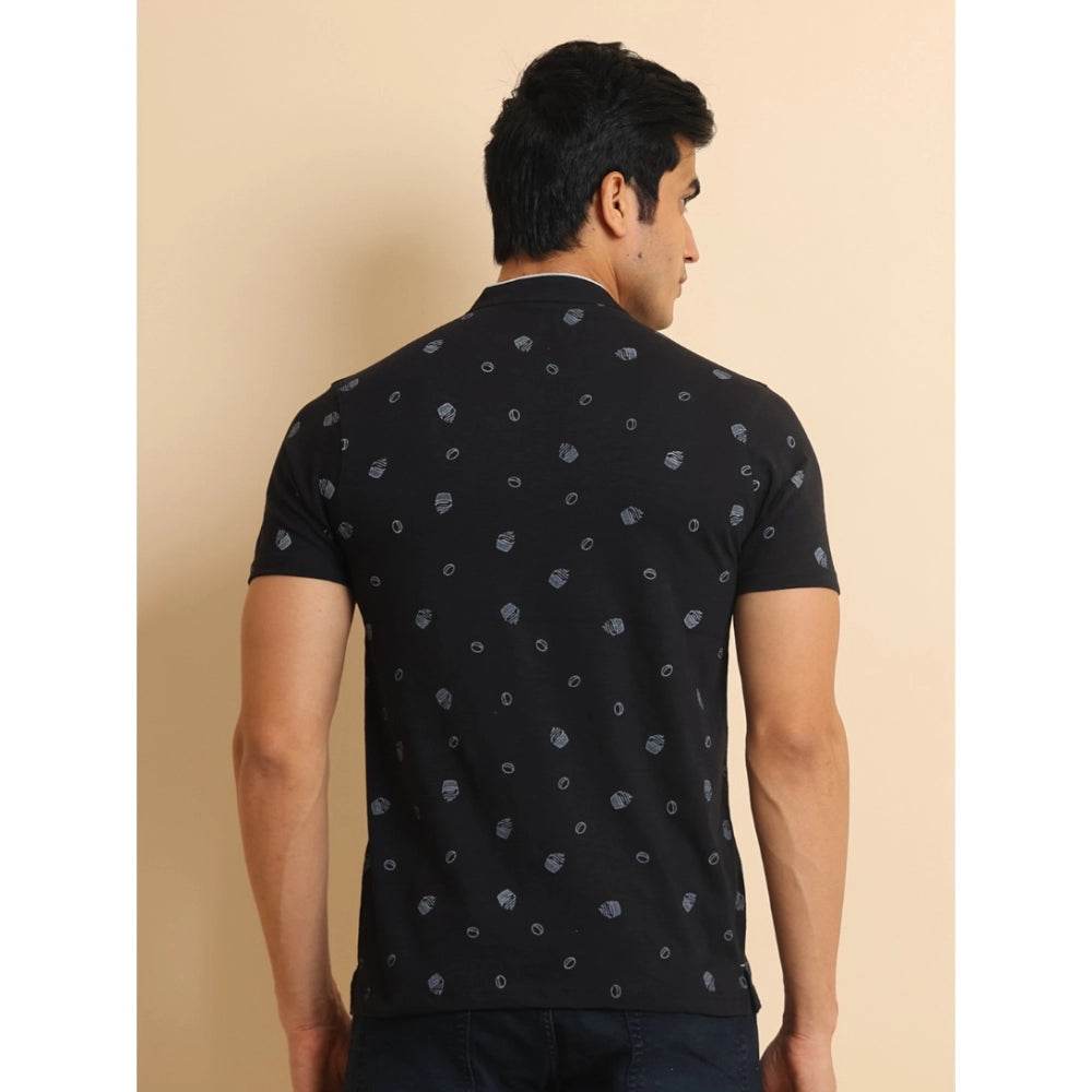 Generic Men's Casual Cotton Printed Mandarin Collar Half Sleeve T-Shirt (Black) - MYLUXURY LANE ENTERPRISE