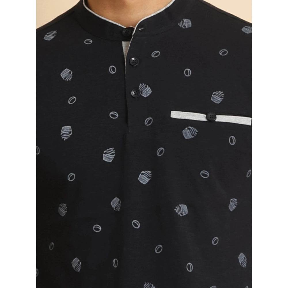Generic Men's Casual Cotton Printed Mandarin Collar Half Sleeve T-Shirt (Black) - MYLUXURY LANE ENTERPRISE