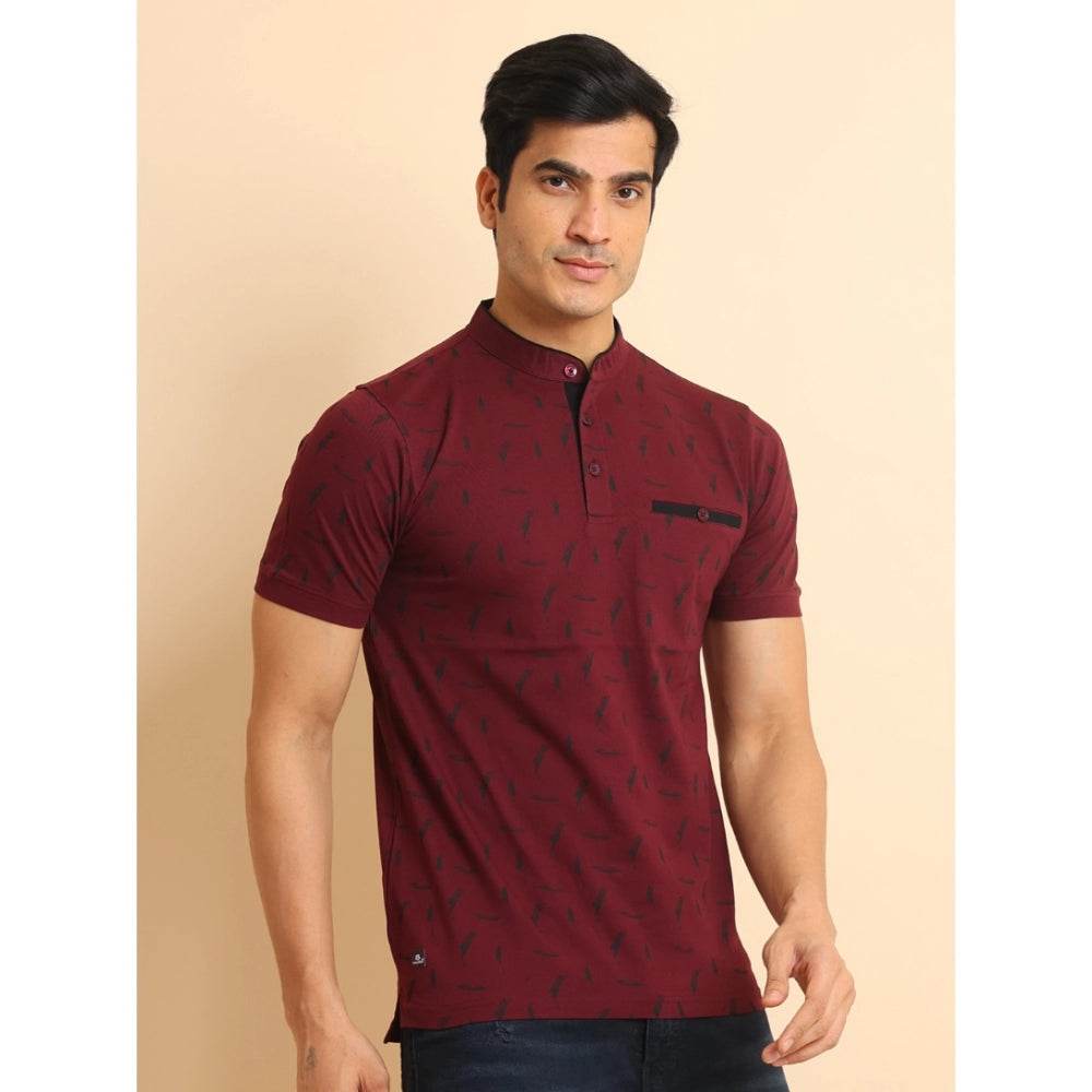 Generic Men's Casual Cotton Printed Mandarin Collar Half Sleeve T-Shirt (Plum) - MYLUXURY LANE ENTERPRISE