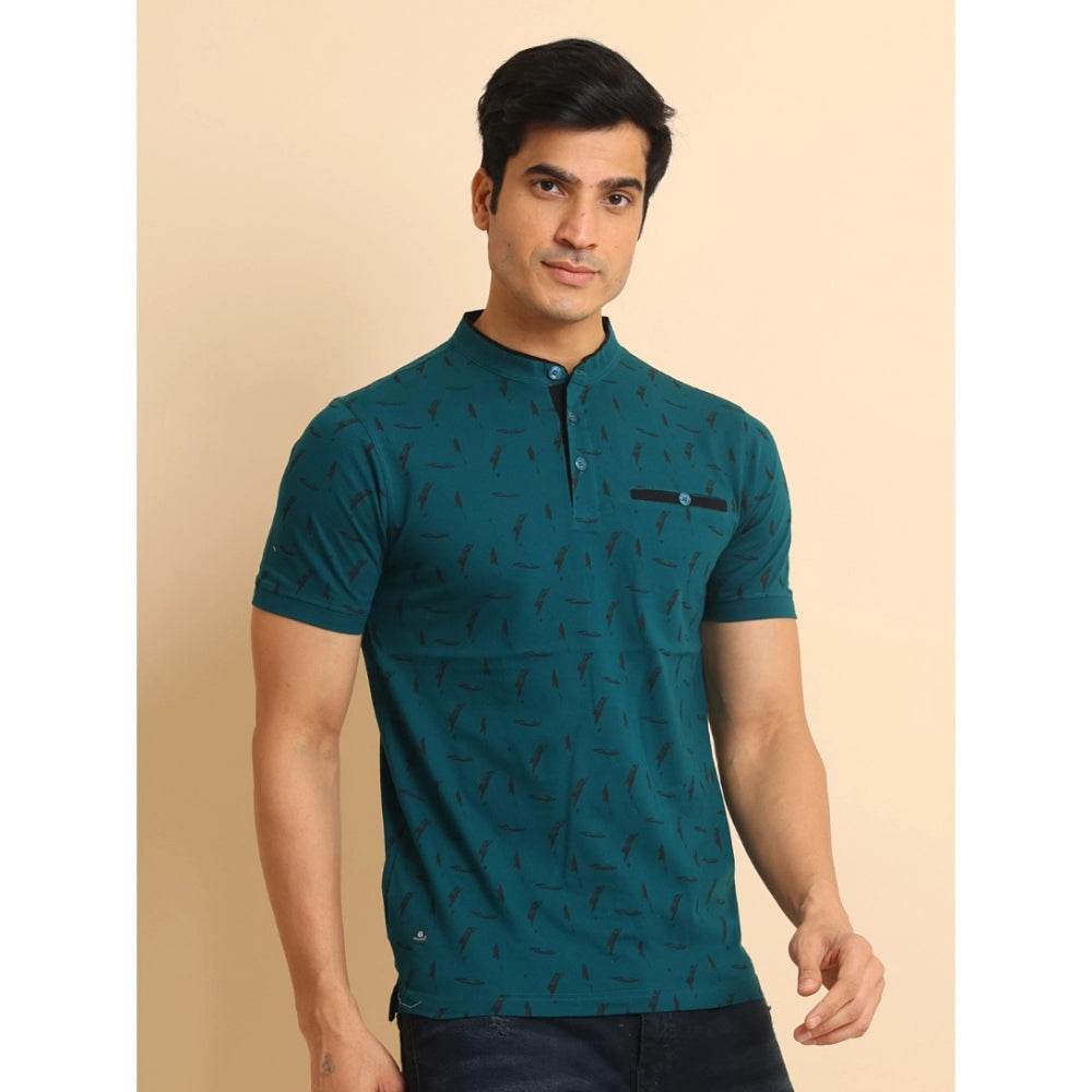 Generic Men's Casual Cotton Printed Mandarin Collar Half Sleeve T-Shirt (Green) - MYLUXURY LANE ENTERPRISE
