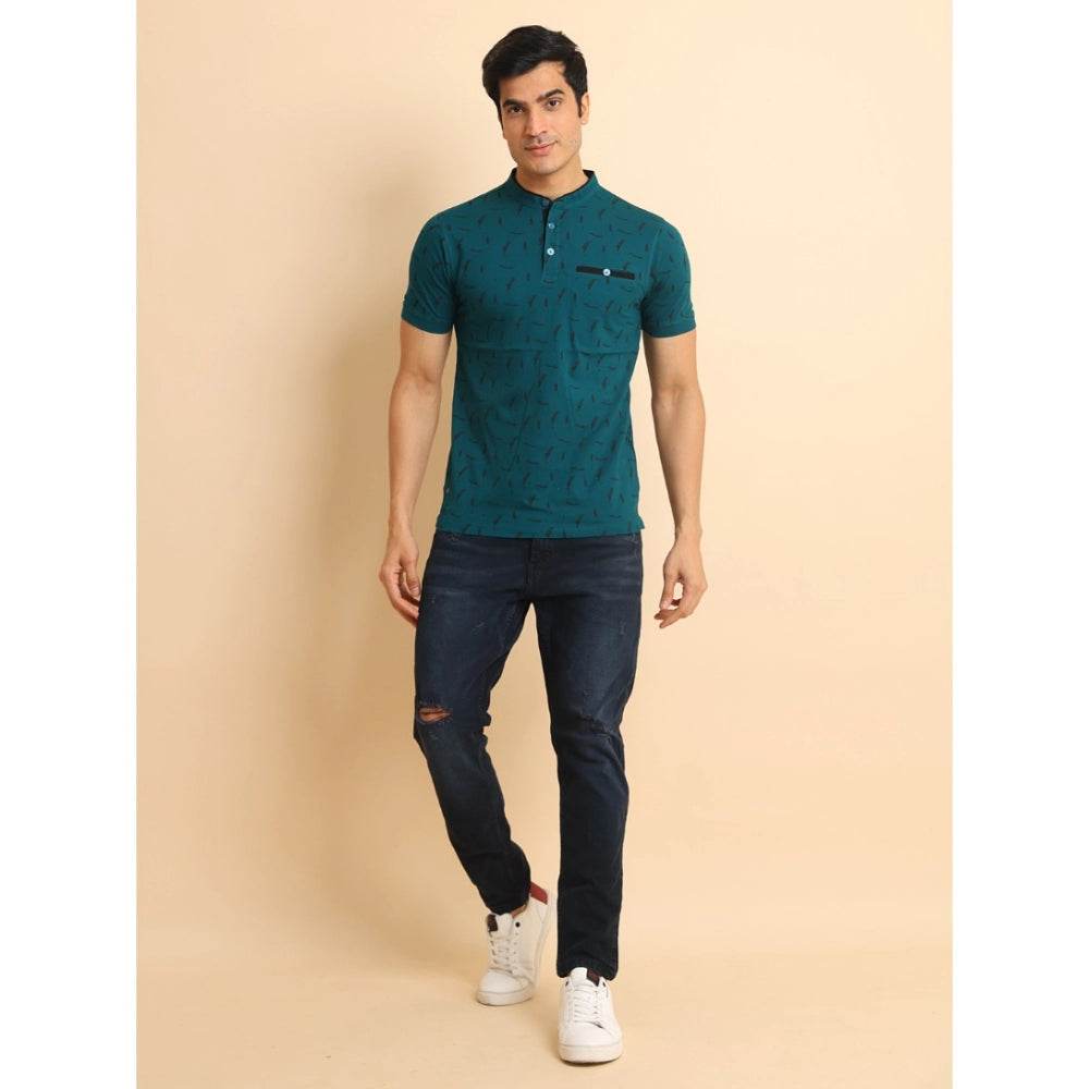 Generic Men's Casual Cotton Printed Mandarin Collar Half Sleeve T-Shirt (Green) - MYLUXURY LANE ENTERPRISE
