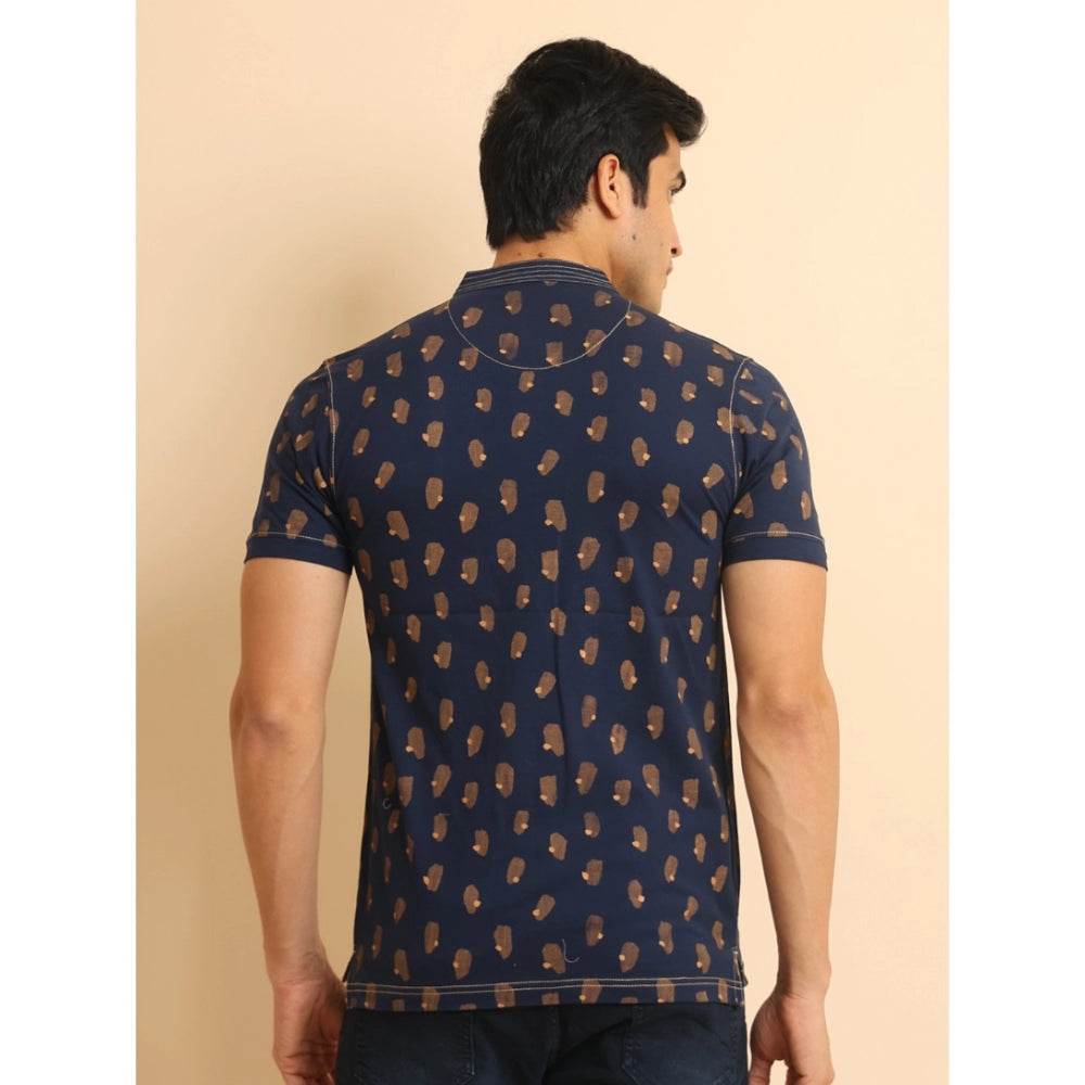 Generic Men's Casual Cotton Printed Mandarin Collar Half Sleeve T-Shirt (Navy) - MYLUXURY LANE ENTERPRISE