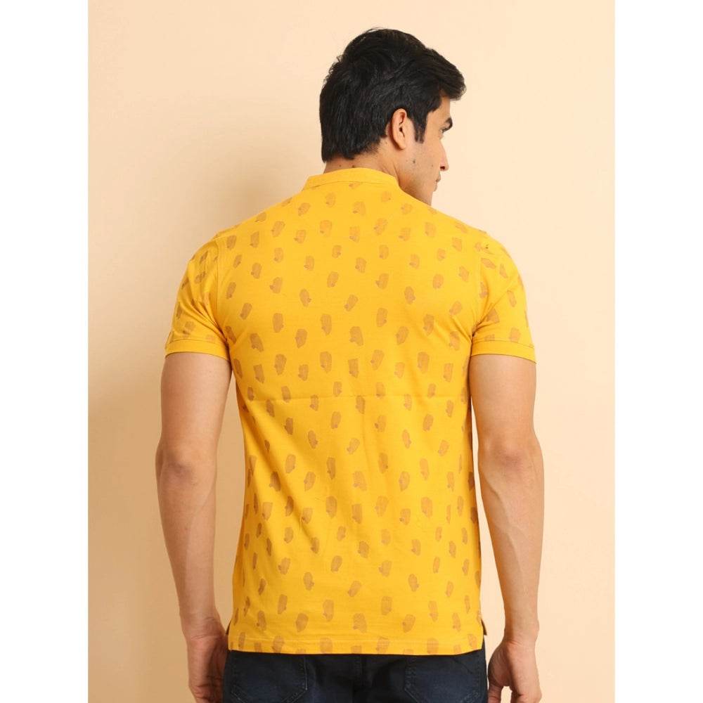 Generic Men's Casual Cotton Printed Mandarin Collar Half Sleeve T-Shirt (Mustard) - MYLUXURY LANE ENTERPRISE