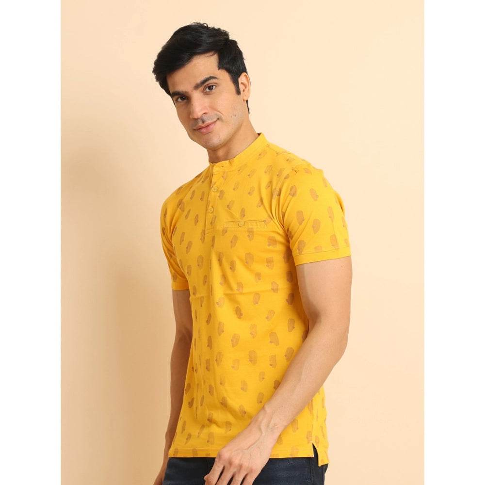 Generic Men's Casual Cotton Printed Mandarin Collar Half Sleeve T-Shirt (Mustard) - MYLUXURY LANE ENTERPRISE