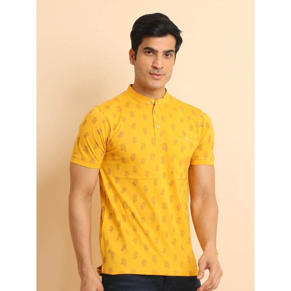 Generic Men's Casual Cotton Printed Mandarin Collar Half Sleeve T-Shirt (Mustard) - MYLUXURY LANE ENTERPRISE