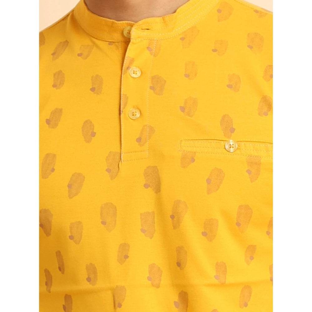 Generic Men's Casual Cotton Printed Mandarin Collar Half Sleeve T-Shirt (Mustard) - MYLUXURY LANE ENTERPRISE
