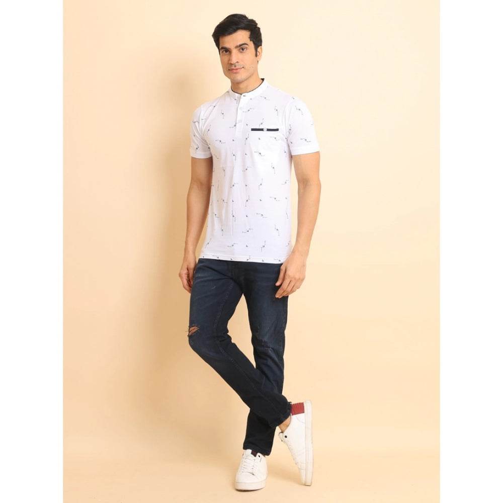 Generic Men's Casual Cotton Printed Mandarin Collar Half Sleeve T-Shirt (White) - MYLUXURY LANE ENTERPRISE