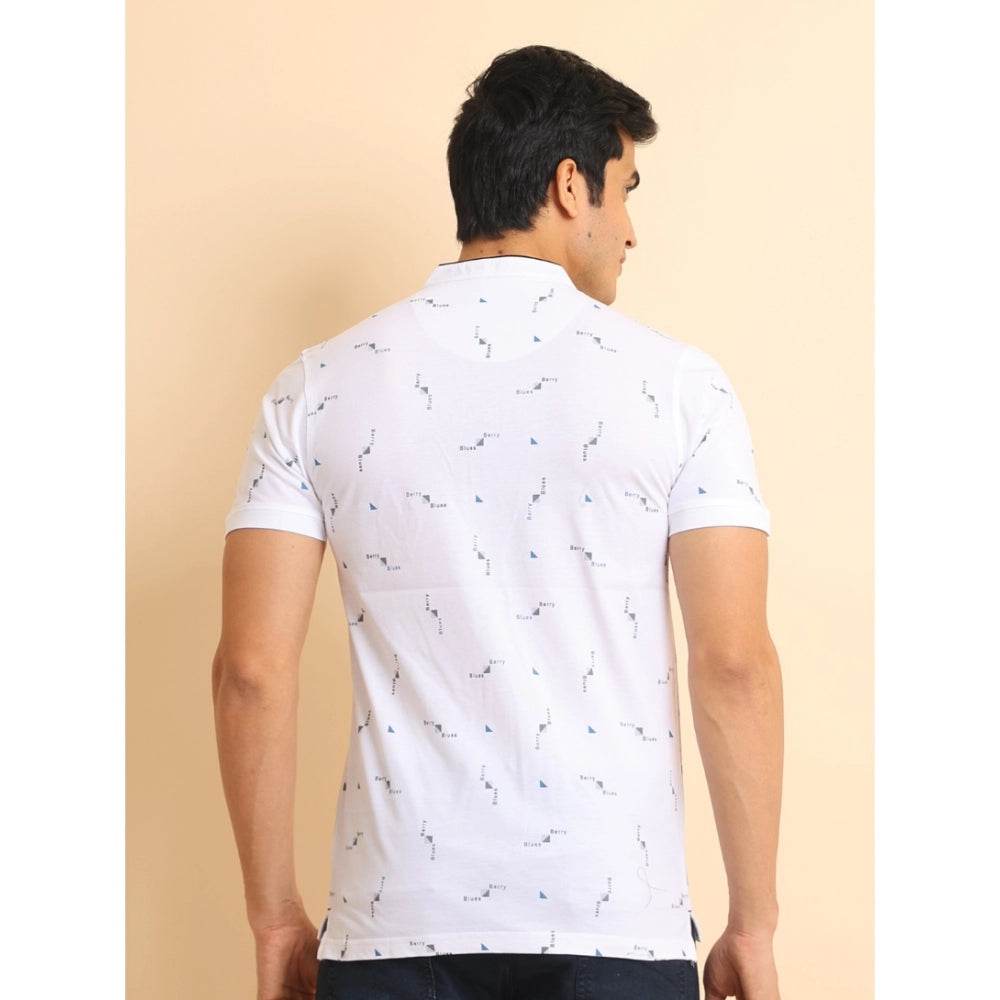 Generic Men's Casual Cotton Printed Mandarin Collar Half Sleeve T-Shirt (White) - MYLUXURY LANE ENTERPRISE