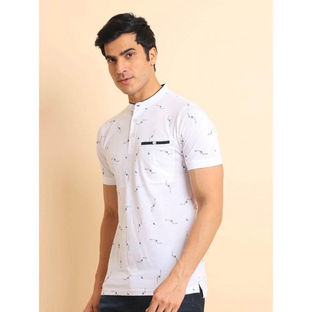 Generic Men's Casual Cotton Printed Mandarin Collar Half Sleeve T-Shirt (White) - MYLUXURY LANE ENTERPRISE