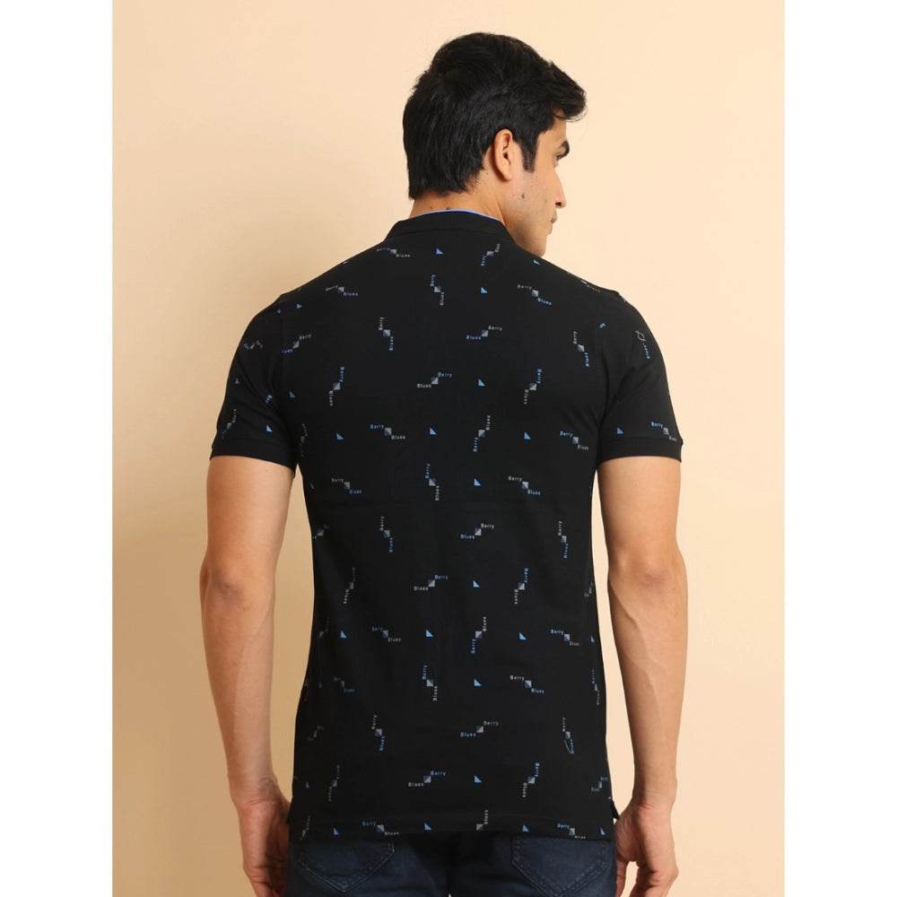 Generic Men's Casual Cotton Printed Mandarin Collar Half Sleeve T-Shirt (Navy) - MYLUXURY LANE ENTERPRISE