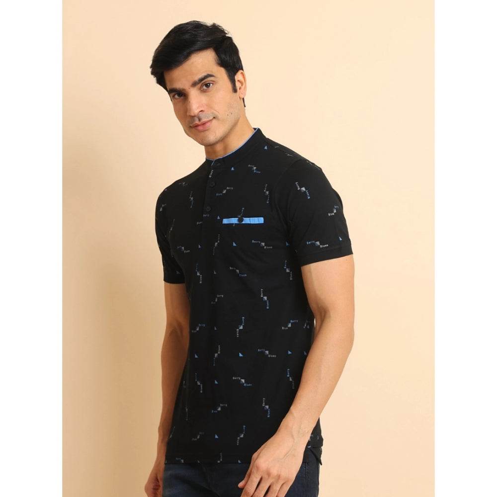 Generic Men's Casual Cotton Printed Mandarin Collar Half Sleeve T-Shirt (Navy) - MYLUXURY LANE ENTERPRISE