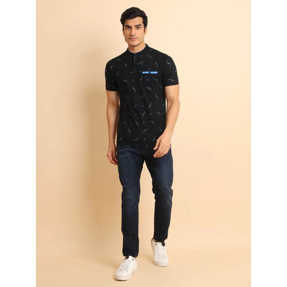 Generic Men's Casual Cotton Printed Mandarin Collar Half Sleeve T-Shirt (Navy) - MYLUXURY LANE ENTERPRISE