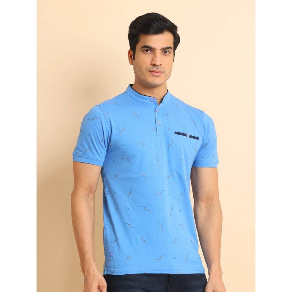 Generic Men's Casual Cotton Printed Mandarin Collar Half Sleeve T-Shirt (LightBlue) - MYLUXURY LANE ENTERPRISE