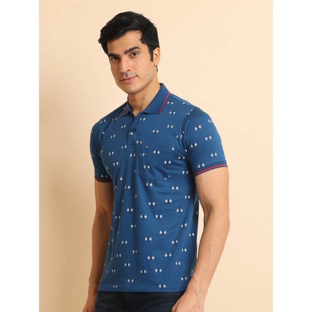 Generic Men's Casual Cotton Printed Polo Neck Half Sleeve T-Shirt (Blue) - MYLUXURY LANE ENTERPRISE