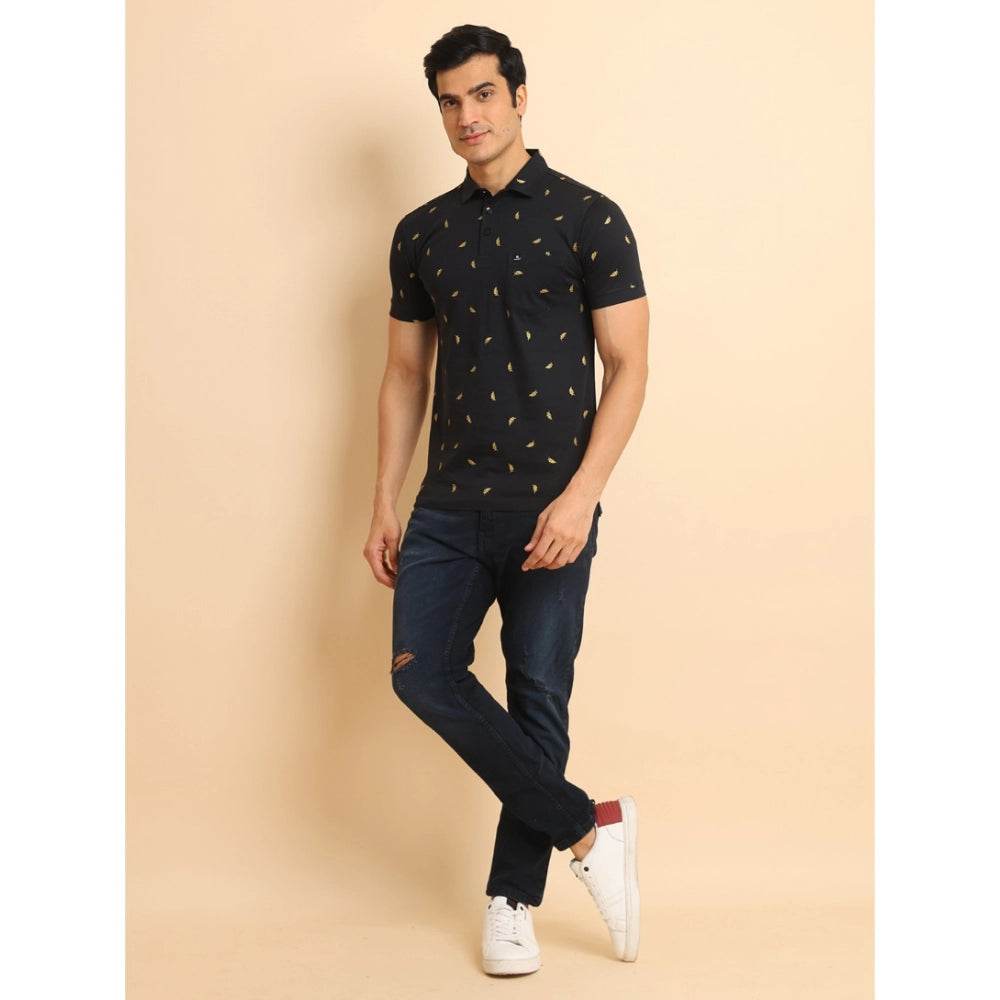 Generic Men's Casual Cotton Printed Polo Neck Half Sleeve T-Shirt (Black) - MYLUXURY LANE ENTERPRISE