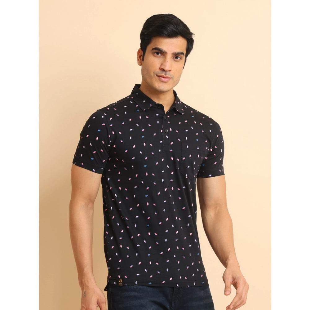 Generic Men's Casual Cotton Printed Polo Neck Half Sleeve T-Shirt (Black) - MYLUXURY LANE ENTERPRISE