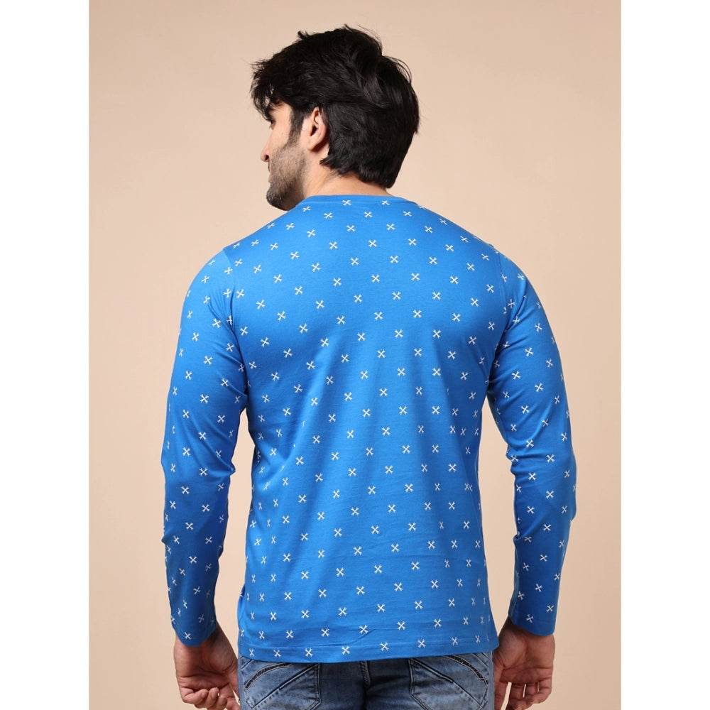 Generic Men's Casual Cotton Printed Round Neck Full Sleeve T-Shirt (Blue) - MYLUXURY LANE ENTERPRISE