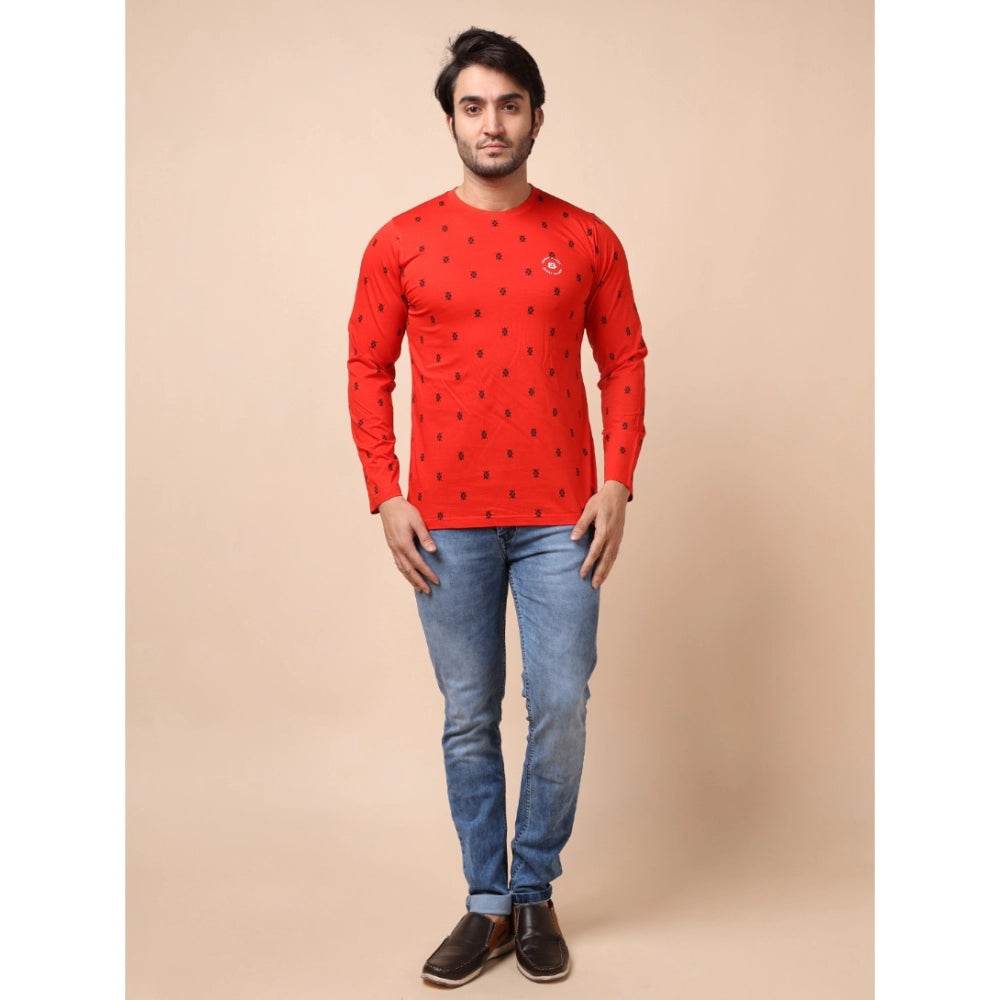 Generic Men's Casual Cotton Printed Round Neck Full Sleeve T-Shirt (Red) - MYLUXURY LANE ENTERPRISE