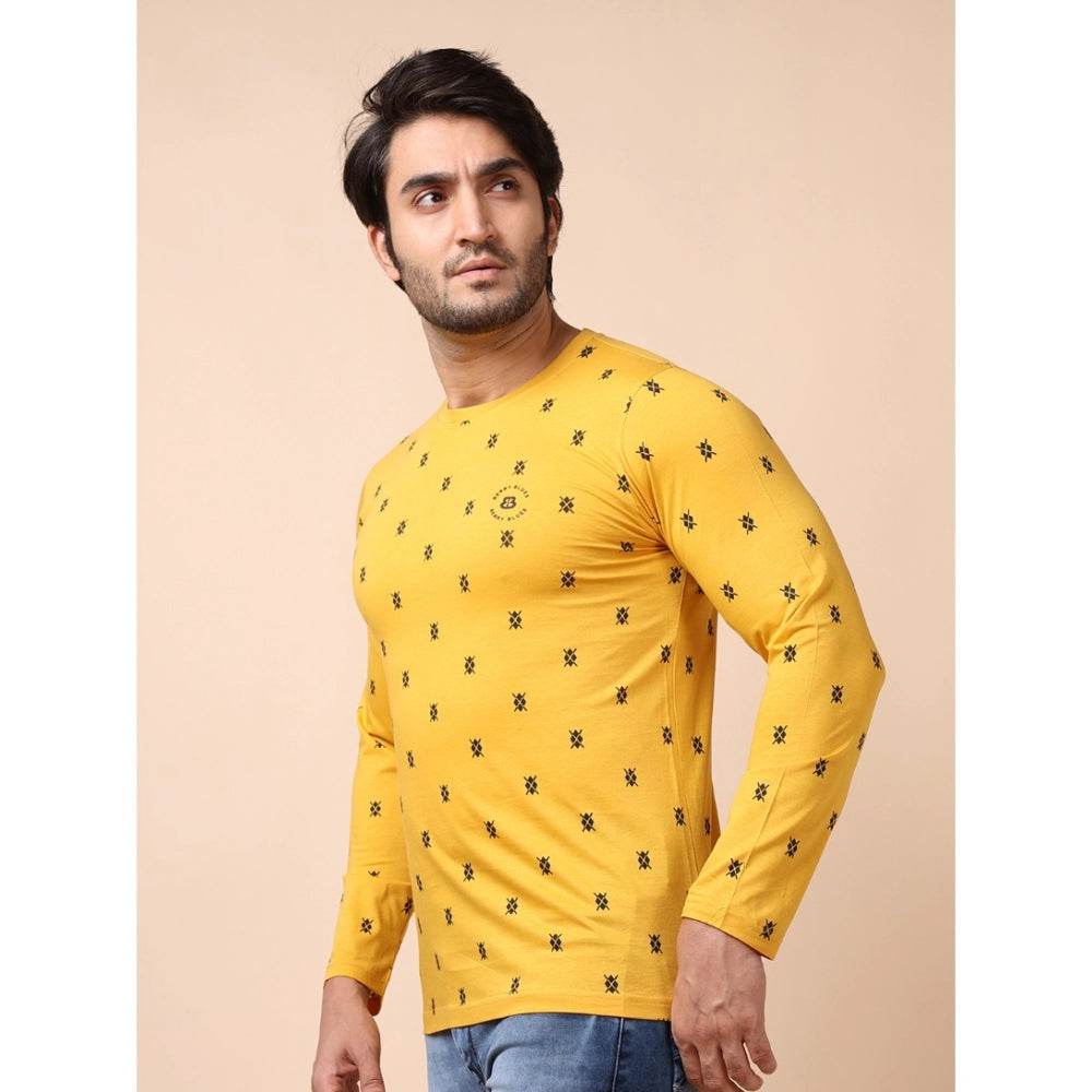 Generic Men's Casual Cotton Printed Round Neck Full Sleeve T-Shirt (Mustard) - MYLUXURY LANE ENTERPRISE