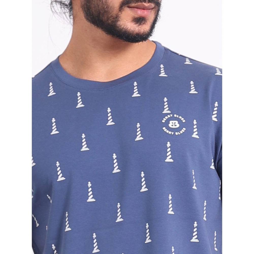 Generic Men's Casual Cotton Printed Round Neck Half Sleeve T-Shirt (Blue) - MYLUXURY LANE ENTERPRISE