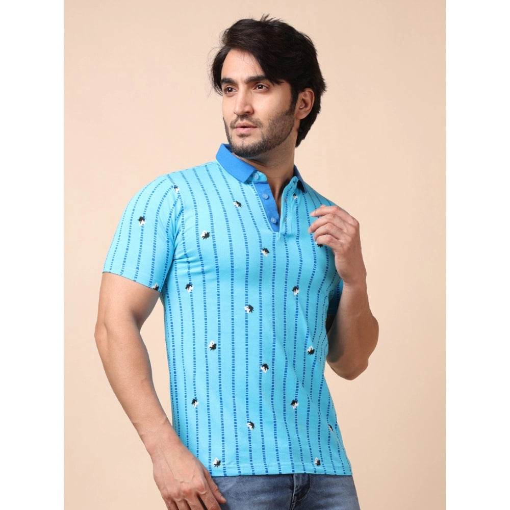 Generic Men's Casual Cotton Printed Polo Neck Half Sleeve T-Shirt (Skyblue) - MYLUXURY LANE ENTERPRISE